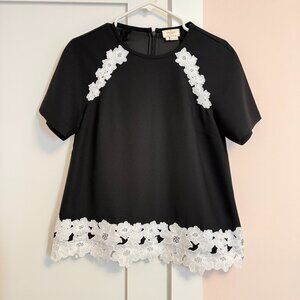 Kate Spade Crew Neck Short Sleeve Blouse Black White Zip Back Size 4